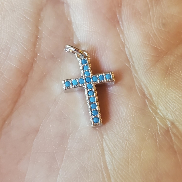 NWOT 18K White Gold Tiny Turquoise Cross Charm - Picture 2 of 5